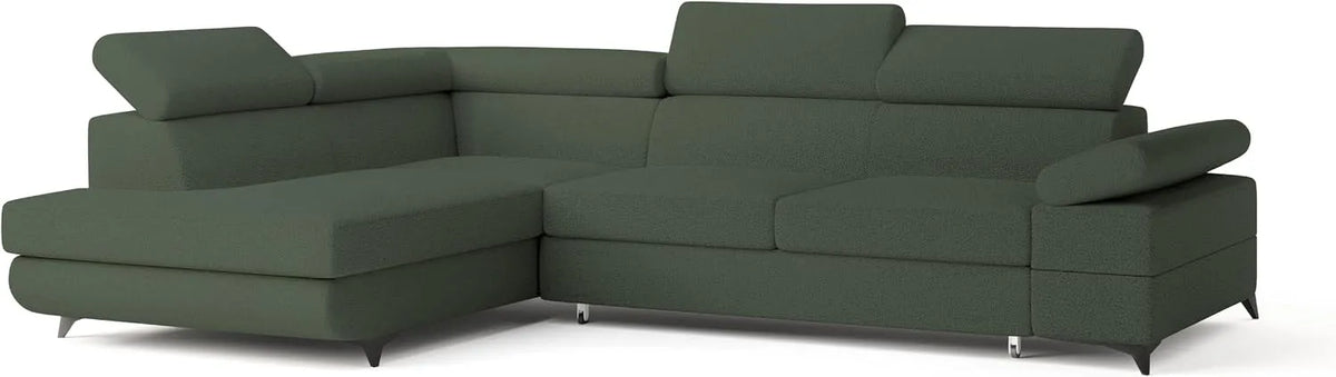 Sofa narożna – FAVIEN, z funkcją spania, zielony, z pojemnikiem do przechowywania, rozkładana konstrukcja