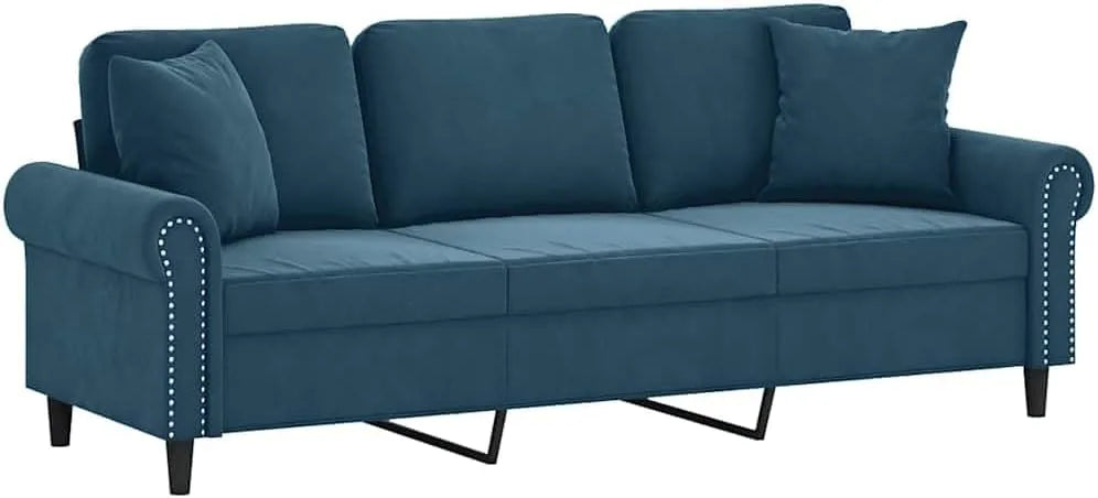 Sofa – z poduszkami, tapicerka aksamitna, 3-osobowa, 180 cm, niebieski