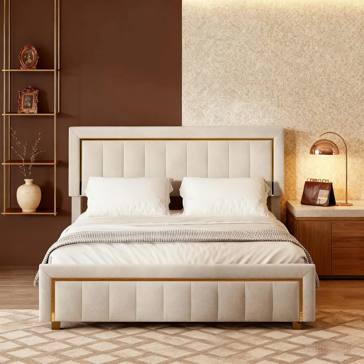 Łóżko tapicerowane i rama łóżka z obiciem – tapicerka aksamitna, 140 × 200 cm, biały, tapicerka materiałowa