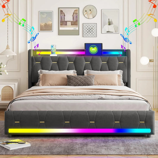 Łóżko tapicerowane i rama łóżka z obiciem — z drewna, z szufladami, z portem USB, tapicerka aksamitna, 4 Szufladami, 140 × 200cm, szary