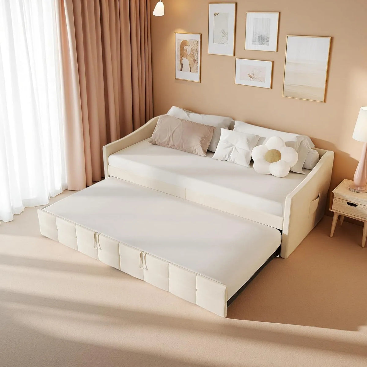 Sofa rozkładana i sofa z funkcją spania – tapicerka aksamitna, 2-osobowa, 90 × 200, beżowy
