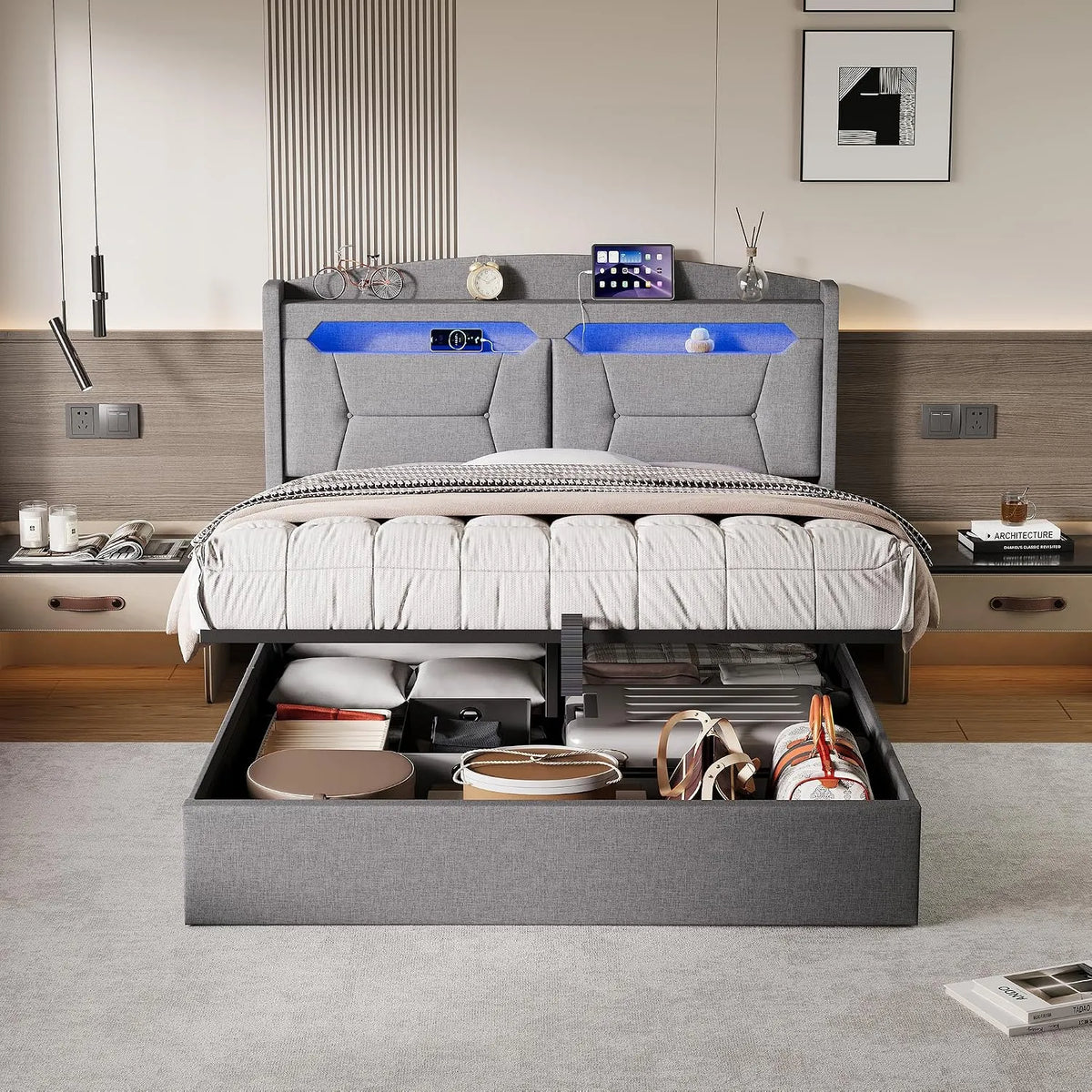 Łóżko tapicerowane i rama łóżka z obiciem — z portem USB, wyświetlacz LED, 140 × 190 cm