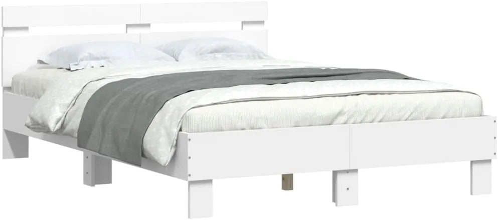 Rama łóżka i konstrukcja łóżka z wezgłowiem i LED – wyświetlacz LED, 120 × 200 cm, biały