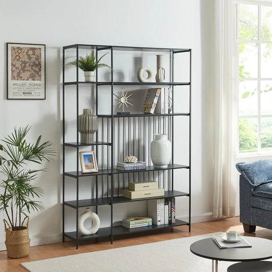 en.casa Regał na książki i regał stojący na książki Rælingen otwarty regał na książki z – 180 × 120 × 33 cm, czarny, z metalu, tapicerka materiałowa