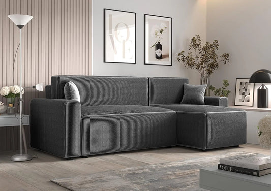 Sofa narożna — BIS, ze sztruksu, z funkcją spania, 252 cm, 85 cm, 140 cm, szary