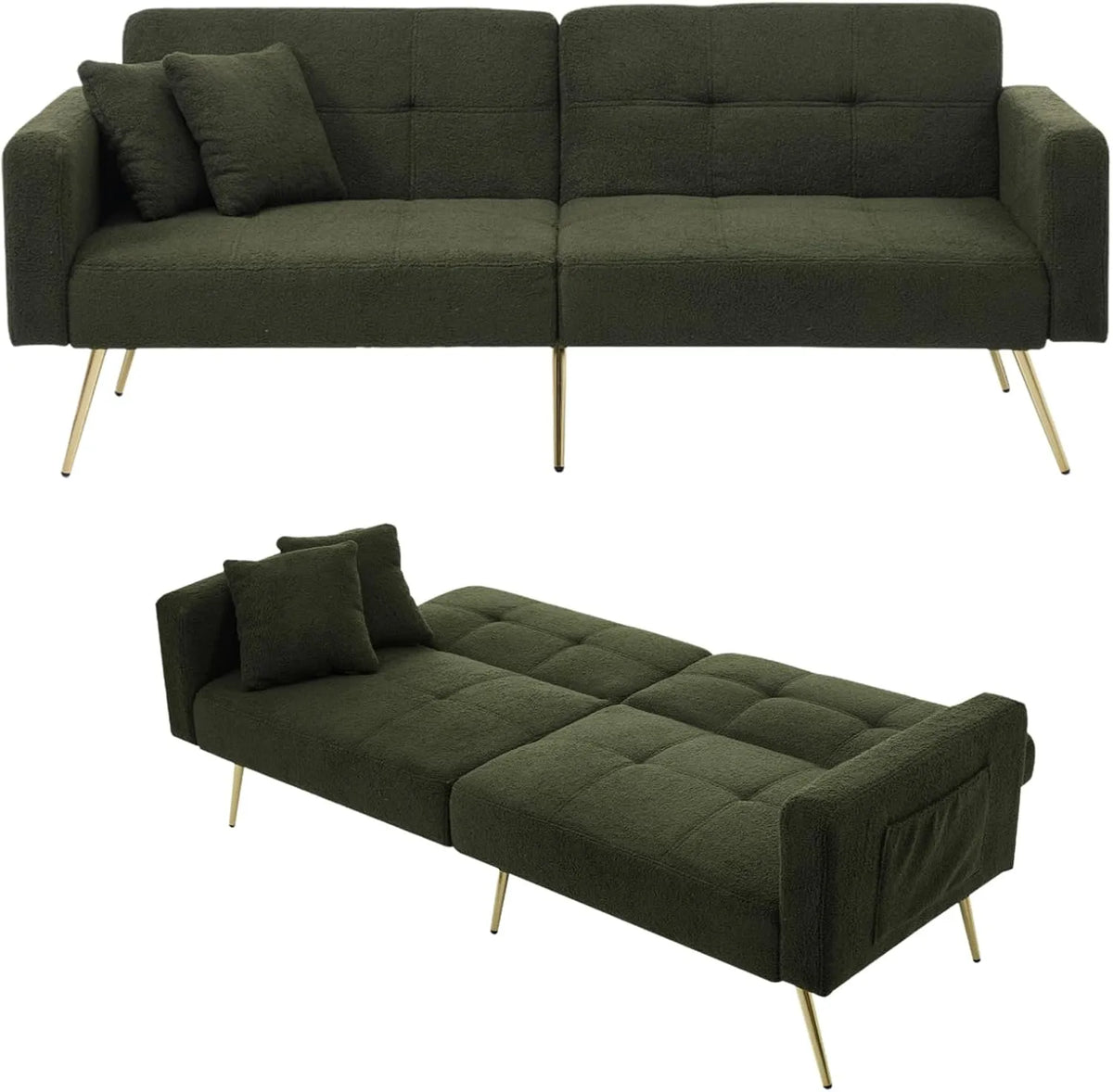 Sofa – z funkcją spania, z poduszkami, składana konstrukcja, regulowana konstrukcja, 2-osobowa, 175 × 64 × 72 cm, zielony