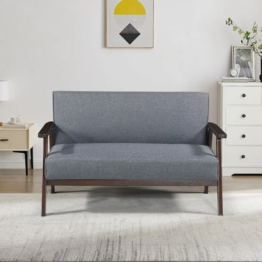 Sofa — z drewna, z podłokietnikami, z oparciem, 2-osobowa, 121 × 69 × 75 cm, szary