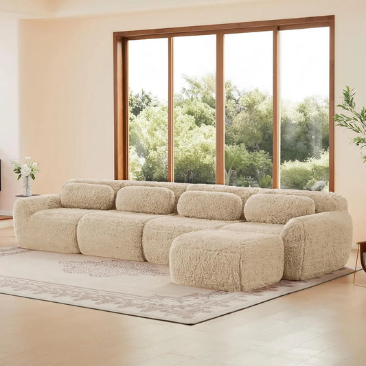 Sofa narożna – modułowa konstrukcja, tapicerka materiałowa, z funkcją spania, do użytku domowego, 4-osobowa, beżowy, tapicerka materiałowa