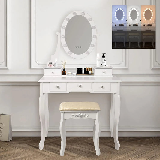Design Biała Toaletka i stolik do makijażu z Oświetleniem LED – MDF, z drewna, z szufladami, wyświetlacz LED, 5 Szufladami, 80 × 129 × 40 cm, biały