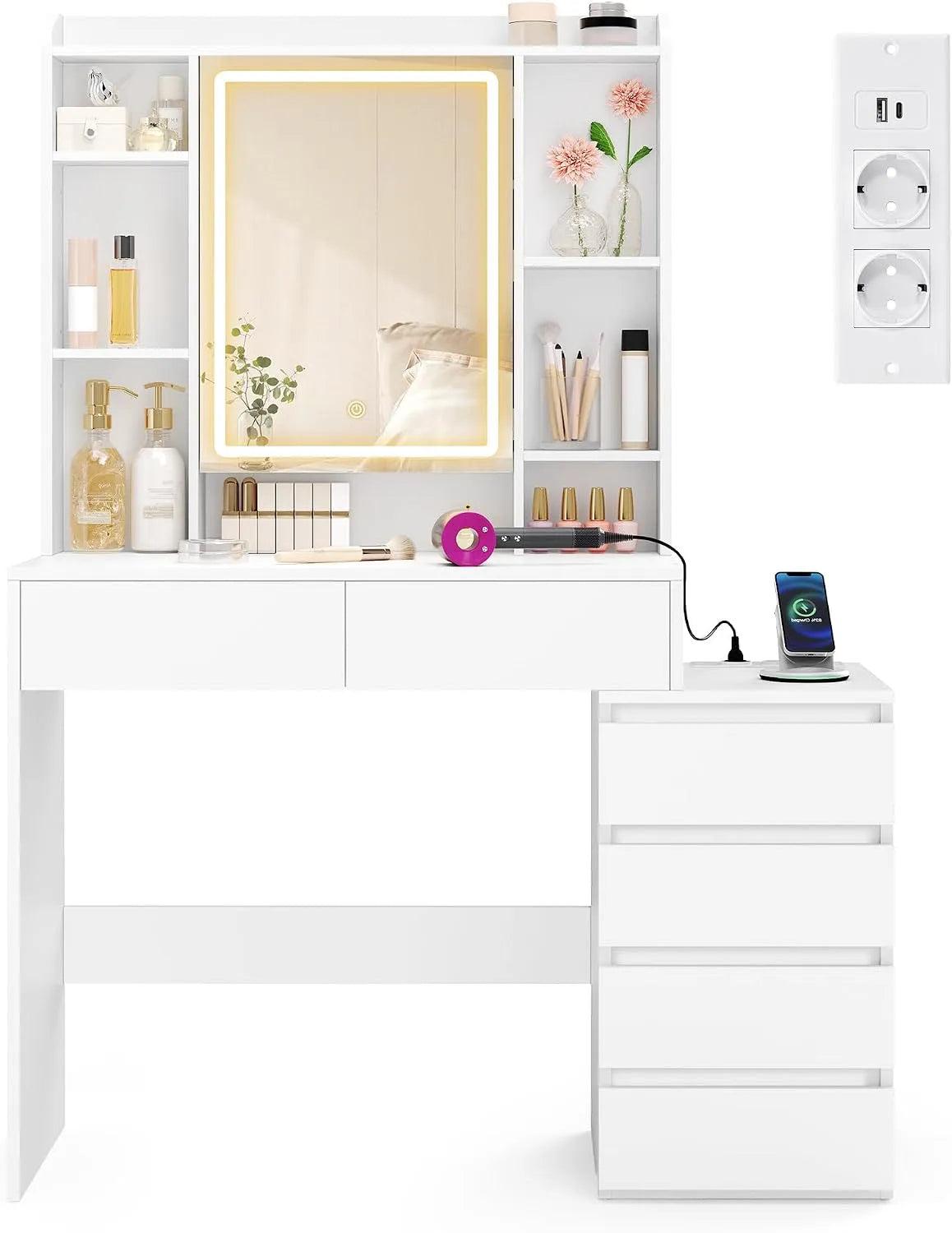 VASAGLE RDT144WB01 Toaletka i stolik do makijażu z lustrem LED: z półkami, regulowana konstrukcja, wyświetlacz LED, 40 × 105 × 145 cm, biały