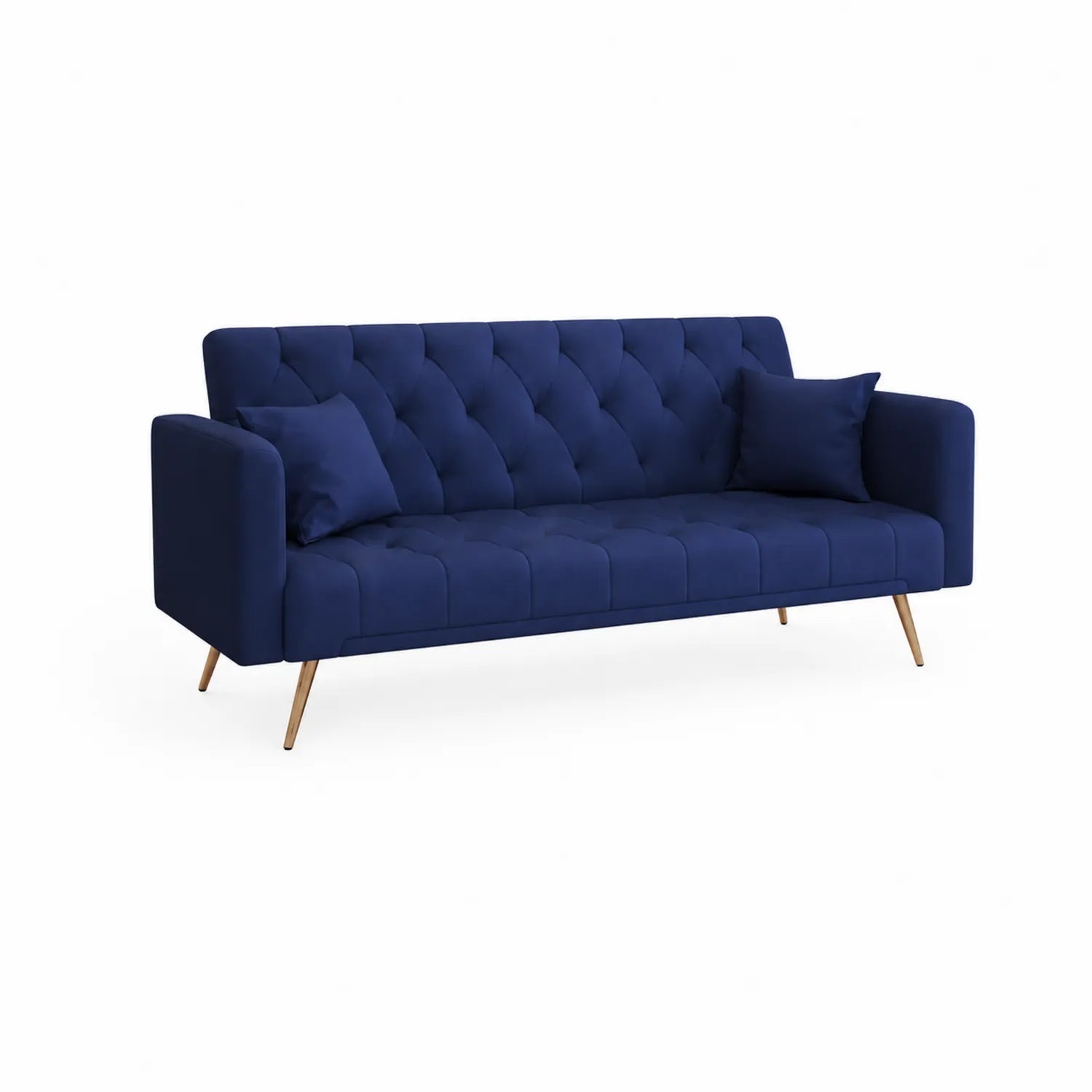 Granatowa sofa z tkaniny i drewnianymi nogami